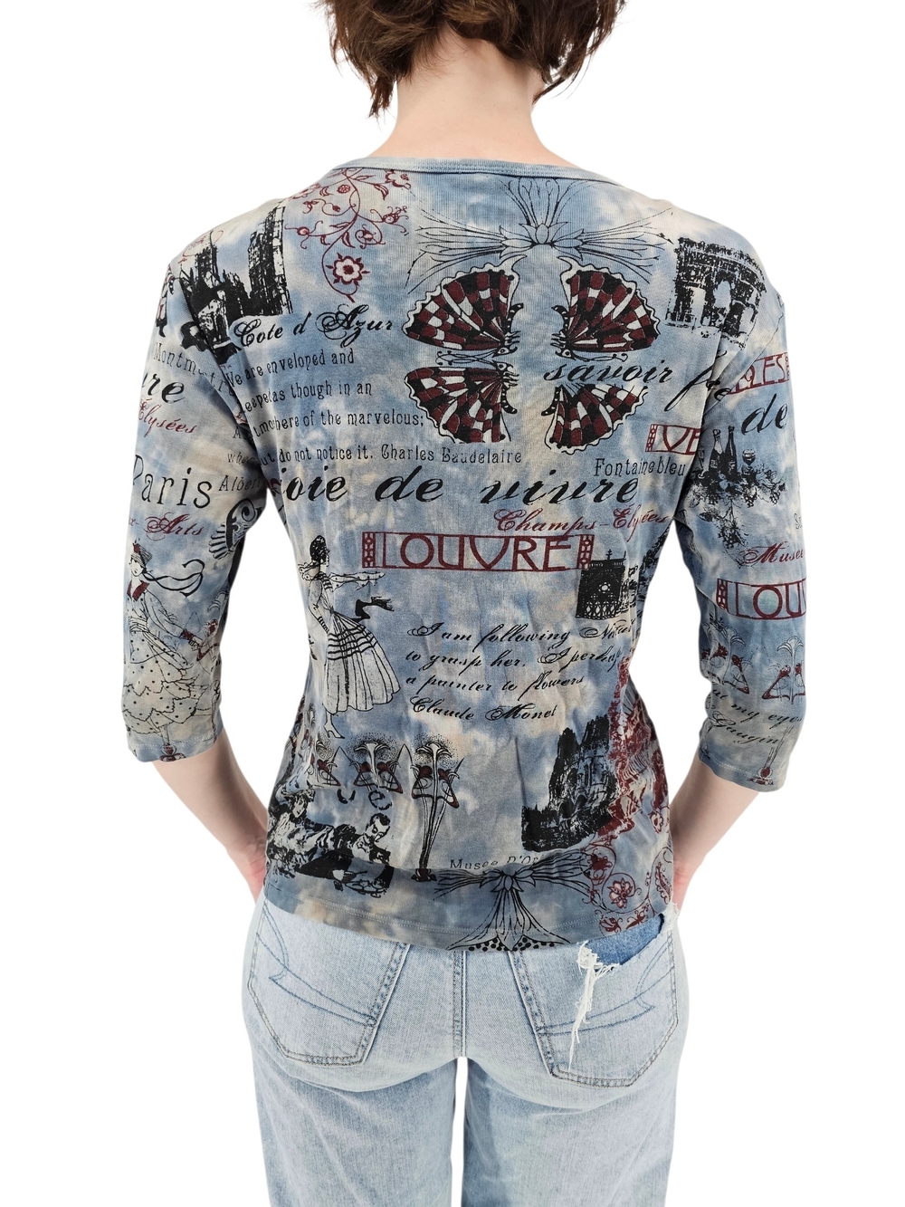 Glima Paris Louvre Graphic Top Women's L Blue 3/4 Sleeve Artsy Y2K 100% Cotton - Picture 3 of 8